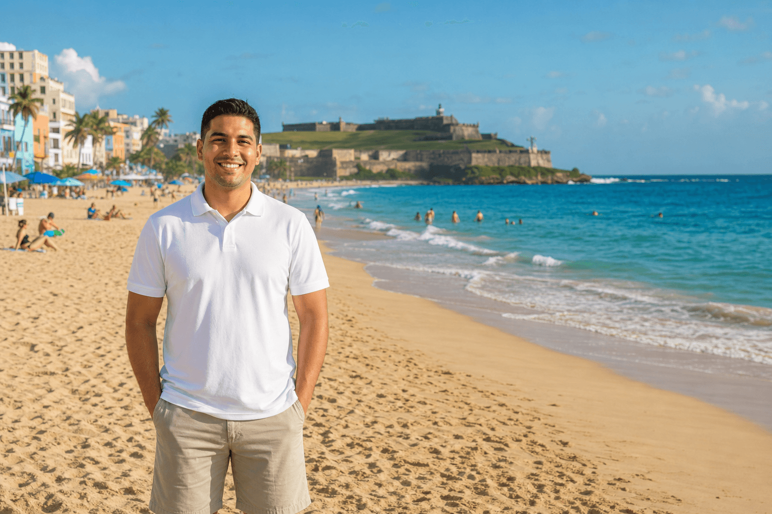 Arrivd beach team member smiling on the sand in San Juan