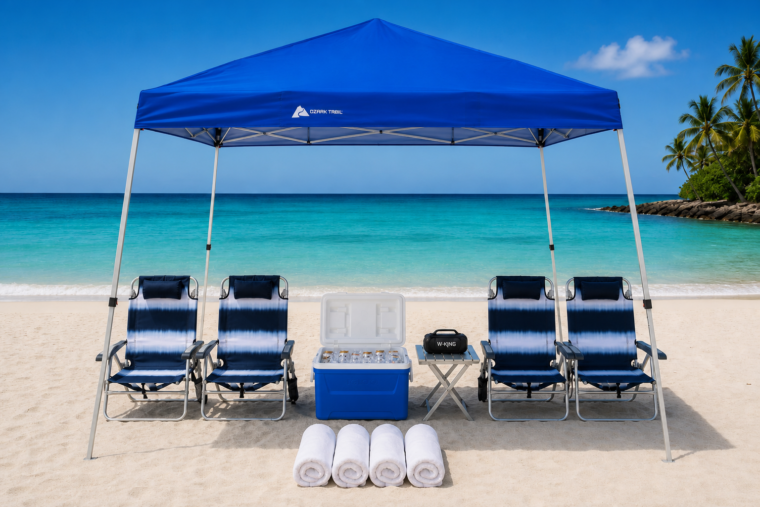 Arrivd Comfort beach setup with canopy tent, beach chairs, and cooler on San Juan sand