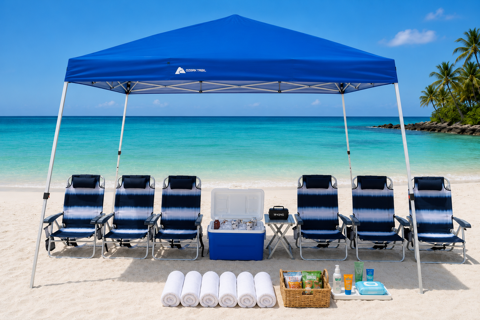 Elite beach day with canopy tent, six folding beach chairs, cooler with drinks, speaker, and snack kit